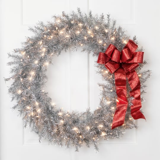 34318928 36 in. Pre-Lit Tinsel Artificial Christmas Wreath with Clear Lights, Silver